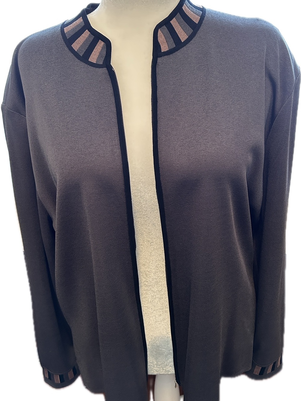 Ming Wang Gray Open Front Knit Jacket with Striped Trim
